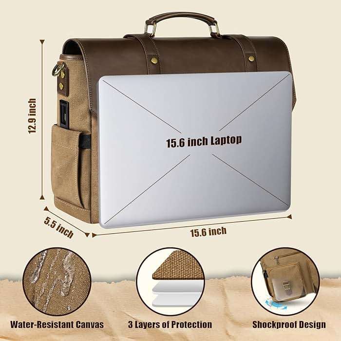 MATEIN Vintage Messenger Bag with USB Charging Port & RFID Blocking Pocket, 15.6 inch Laptop Bag Canvas PU Leather Men Briefcase, Water Resistant Computer Satchel Crossbody for Work Commuting, Brown - Image 7