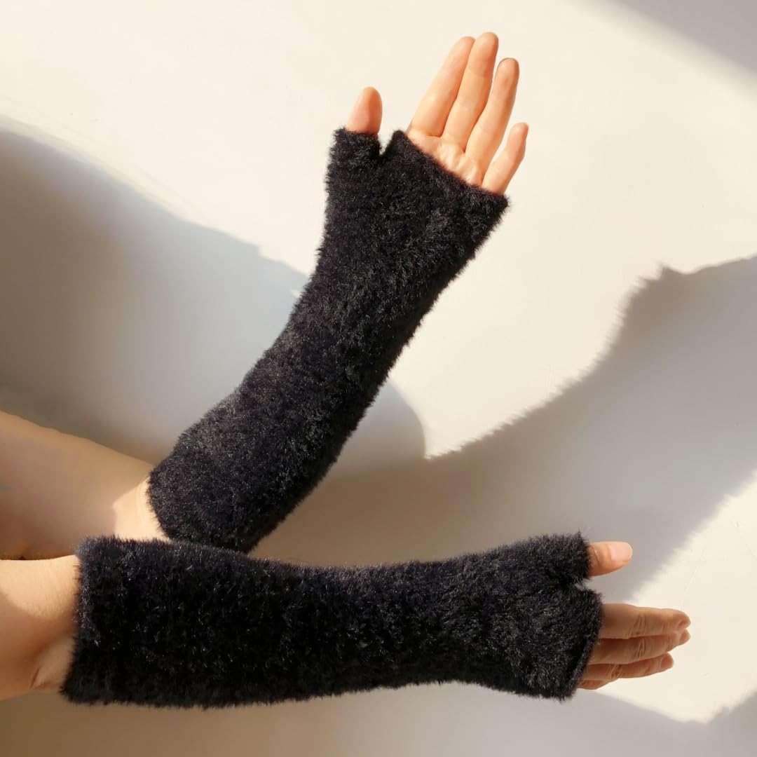 Dressica Women Arm Warmers Knit Mitten Mink-Like Furry Fingerless Gloves with Thumb Hole Soft Y2K Wrist Warmers Sleeve - Image 2