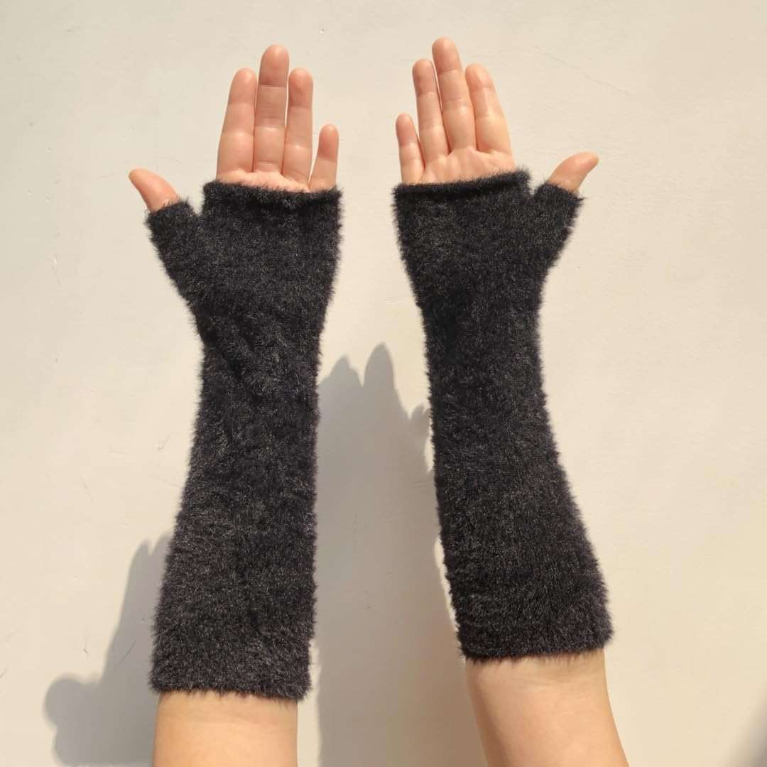 Dressica Women Arm Warmers Knit Mitten Mink-Like Furry Fingerless Gloves with Thumb Hole Soft Y2K Wrist Warmers Sleeve - Image 3