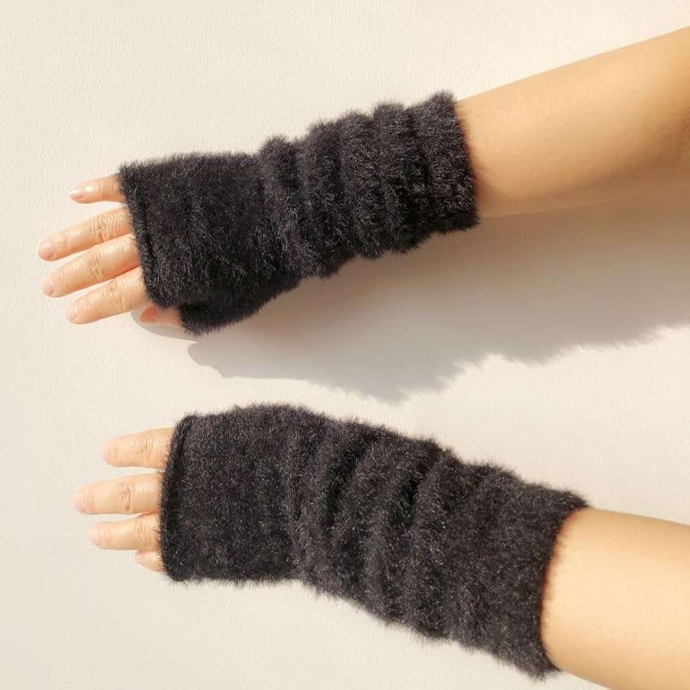 Dressica Women Arm Warmers Knit Mitten Mink-Like Furry Fingerless Gloves with Thumb Hole Soft Y2K Wrist Warmers Sleeve - Image 6