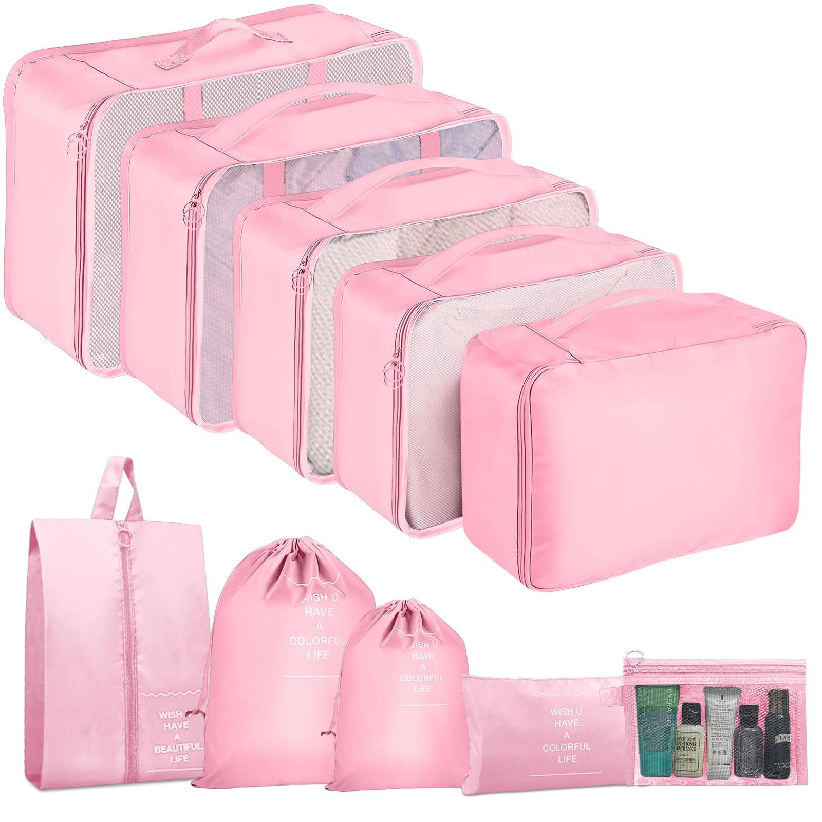 YEEYAA Packing Cubes for Travel- 8 Set Luggage Organizer Bags for Family, Mesh Breathable Travel Packing Cubes for Suitcases Durable Travel Essentials Bags Set (Pink, 10 Set) - Image 1