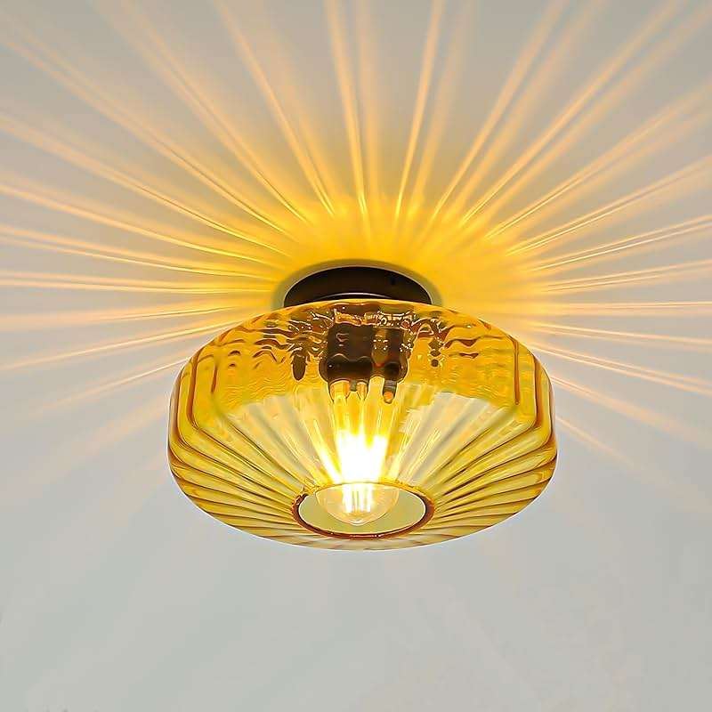 FCTWAKS Semi Flush Mount Ceiling Light, 11.8" Mid Century Modern 1-Light Close to Ceiling Light Fixtures with Drum Amber Glass Shade for Bedroom Entryway Hallway Porch Foyer - Image 1