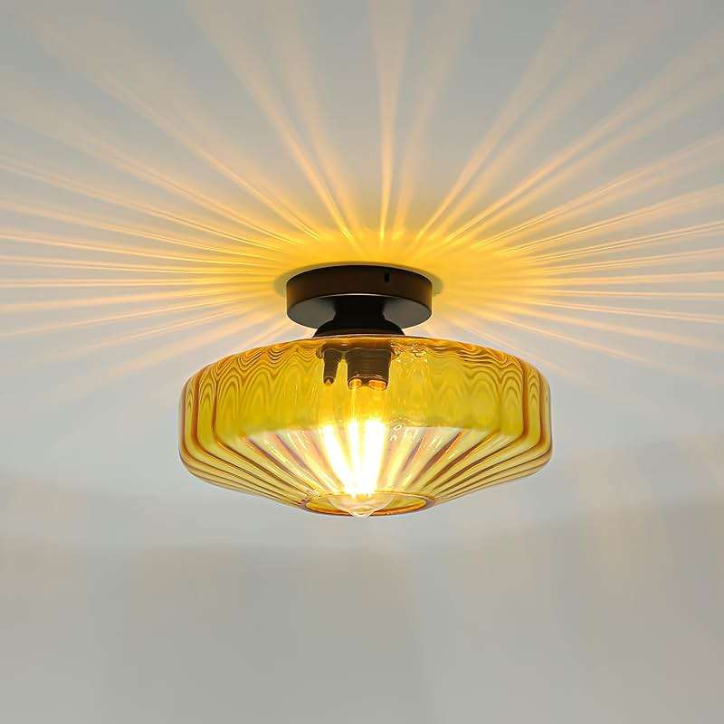 FCTWAKS Semi Flush Mount Ceiling Light, 11.8" Mid Century Modern 1-Light Close to Ceiling Light Fixtures with Drum Amber Glass Shade for Bedroom Entryway Hallway Porch Foyer - Image 2