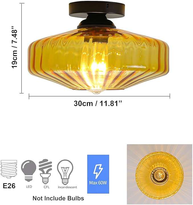 FCTWAKS Semi Flush Mount Ceiling Light, 11.8" Mid Century Modern 1-Light Close to Ceiling Light Fixtures with Drum Amber Glass Shade for Bedroom Entryway Hallway Porch Foyer - Image 3