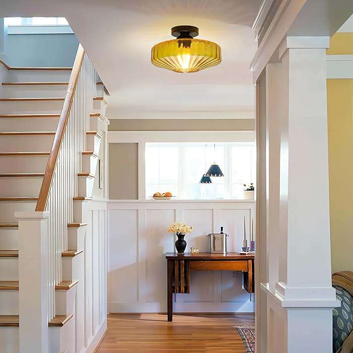 FCTWAKS Semi Flush Mount Ceiling Light, 11.8" Mid Century Modern 1-Light Close to Ceiling Light Fixtures with Drum Amber Glass Shade for Bedroom Entryway Hallway Porch Foyer - Image 5