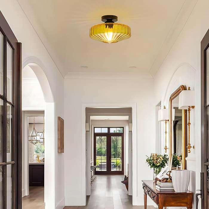 FCTWAKS Semi Flush Mount Ceiling Light, 11.8" Mid Century Modern 1-Light Close to Ceiling Light Fixtures with Drum Amber Glass Shade for Bedroom Entryway Hallway Porch Foyer - Image 6