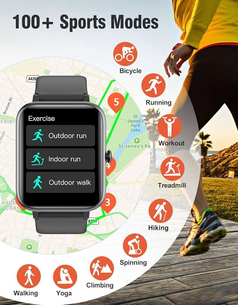 Fitness Tracker Fitness Watches for Women Men (Make/Answer Calls), 1.85" Smart Watch for iPhone/Android Phones, Heart Rate/Sleep Monitor Steps Tracker Watch Pedometer IP68 Waterproof (Dark Black) - Image 2