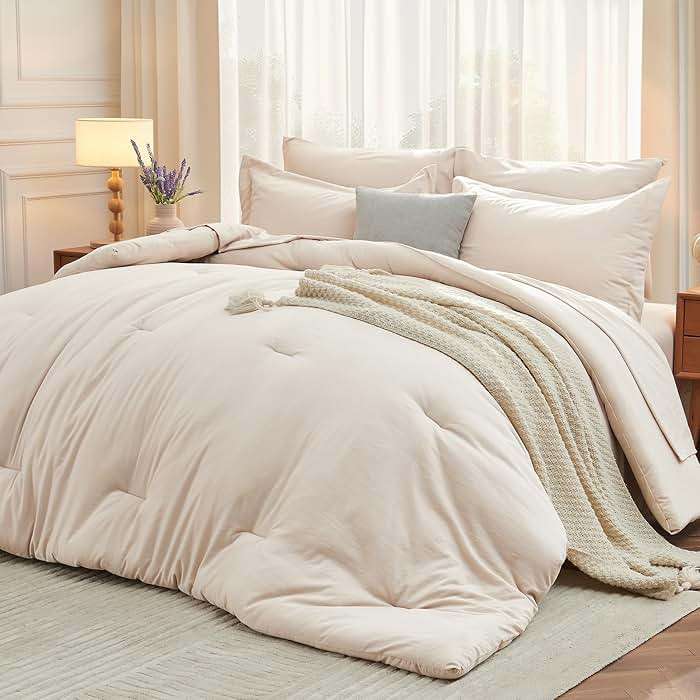 MUXHOMO 7 Pieces Queen Comforter Set, Soft Bed in a Bag Queen Size, All Season Bedding Set with Comforter, Flat Sheet, Fitted Sheet, Pillowcases & Shams, Beige - Image 1