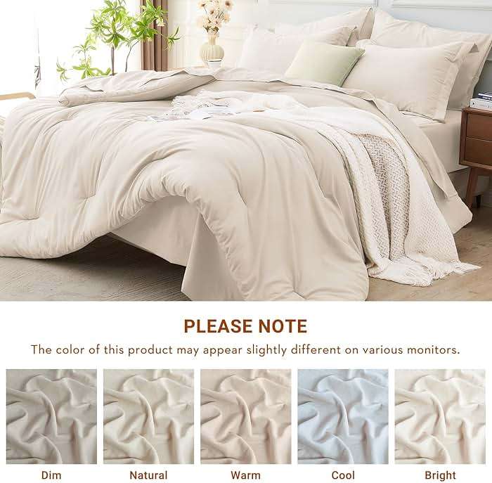 MUXHOMO 7 Pieces Queen Comforter Set, Soft Bed in a Bag Queen Size, All Season Bedding Set with Comforter, Flat Sheet, Fitted Sheet, Pillowcases & Shams, Beige - Image 7