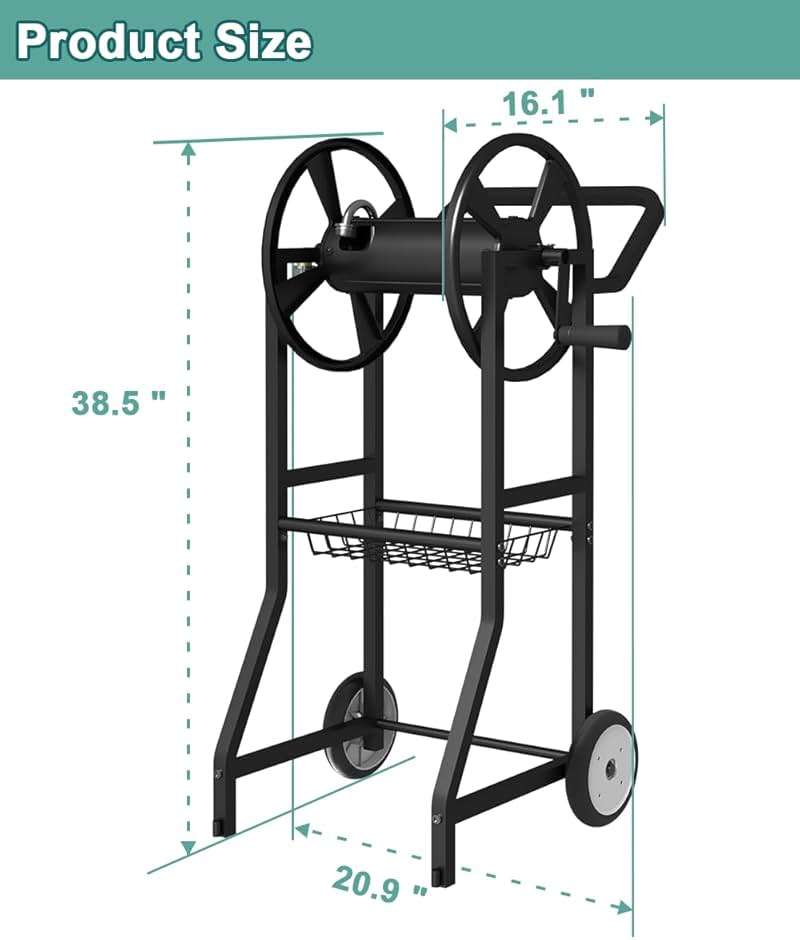 Artigarden Garden Hose Reel Cart with Wheels, Outdoor Heavy Duty Powder Coated Steel Water Winder Storage Holds 125 ft 5/8" Hoses with 3.9ft Leader Hose and Basket for Backyard, Yard, Lawn, Black - Image 2