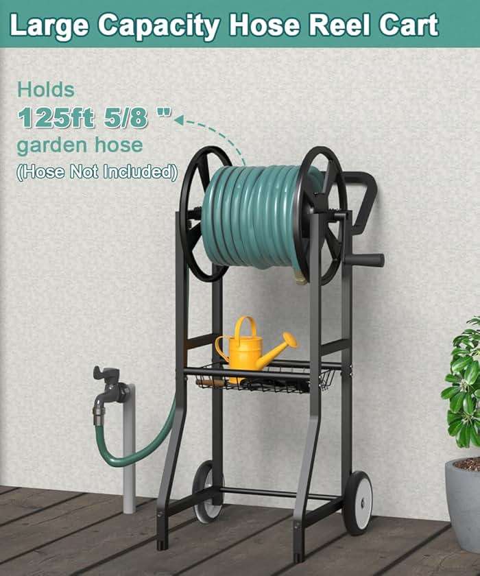 Artigarden Garden Hose Reel Cart with Wheels, Outdoor Heavy Duty Powder Coated Steel Water Winder Storage Holds 125 ft 5/8" Hoses with 3.9ft Leader Hose and Basket for Backyard, Yard, Lawn, Black - Image 3
