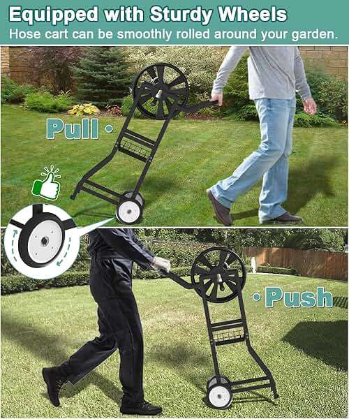 Artigarden Garden Hose Reel Cart with Wheels, Outdoor Heavy Duty Powder Coated Steel Water Winder Storage Holds 125 ft 5/8" Hoses with 3.9ft Leader Hose and Basket for Backyard, Yard, Lawn, Black - Image 4