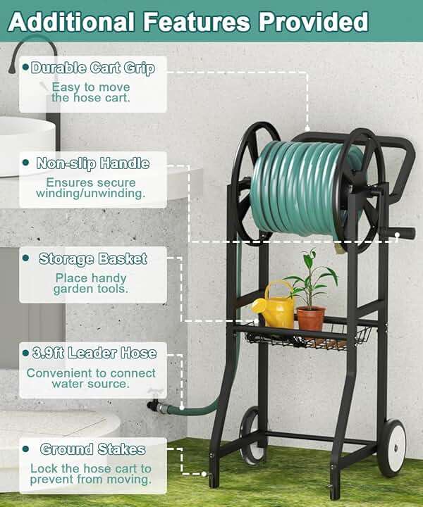 Artigarden Garden Hose Reel Cart with Wheels, Outdoor Heavy Duty Powder Coated Steel Water Winder Storage Holds 125 ft 5/8" Hoses with 3.9ft Leader Hose and Basket for Backyard, Yard, Lawn, Black - Image 5