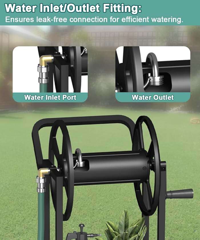 Artigarden Garden Hose Reel Cart with Wheels, Outdoor Heavy Duty Powder Coated Steel Water Winder Storage Holds 125 ft 5/8" Hoses with 3.9ft Leader Hose and Basket for Backyard, Yard, Lawn, Black - Image 6