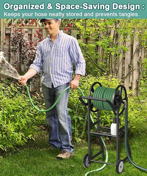 Artigarden Garden Hose Reel Cart with Wheels, Outdoor Heavy Duty Powder Coated Steel Water Winder Storage Holds 125 ft 5/8" Hoses with 3.9ft Leader Hose and Basket for Backyard, Yard, Lawn, Black - Image 7