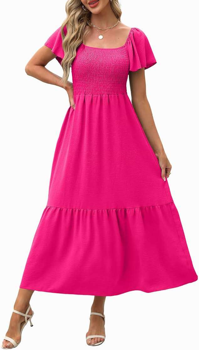OFEEFAN Summer Dresses for Women Square Neck Ruffle Sleeve Smocked Maxi Dress with Pockets - Image 4