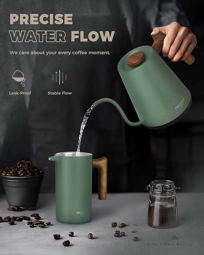 POLIVIAR Electric Gooseneck Kettle, 1350W Electric Tea Kettle Wood Pattern Handle, 34oz Pour Over Electric Kettle for Coffee & Tea, 18/8 Stainless Steel Inner, Temperature Control & Rapid Heating - Image 2