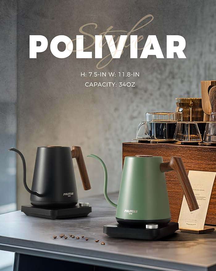 POLIVIAR Electric Gooseneck Kettle, 1350W Electric Tea Kettle Wood Pattern Handle, 34oz Pour Over Electric Kettle for Coffee & Tea, 18/8 Stainless Steel Inner, Temperature Control & Rapid Heating - Image 7