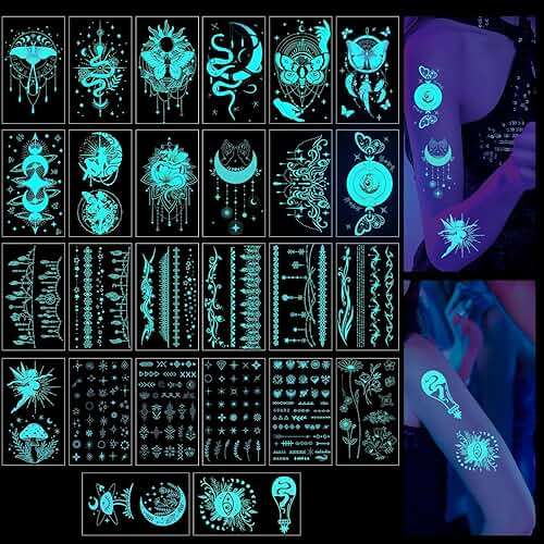 Luvsweets Boho Mystic Temporary Tattoo - 26 Sheets Butterfly Glow In The Dark Temporary Tattoos for Women Adult, Glitter Fake Tattoo Stickers, Party Decorations Supplies Favors - Image 1