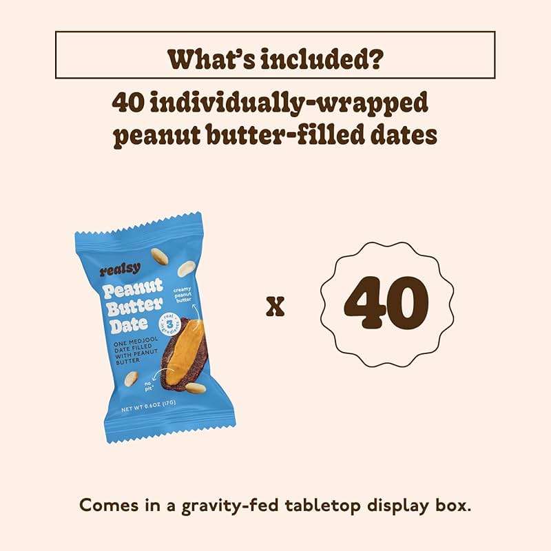 Realsy Stuffed Medjool Dates, Organic Dates with No Sugar Added, Gluten-Free, Vegan, All Natural Healthy Snack, Single Wrapped (40 ct) (Peanut Butter) - Image 3