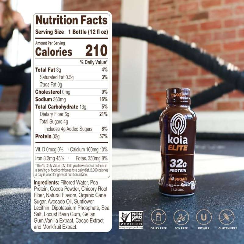 Koia Elite Plant Based Protein Shake, Chocolate, 32g Protein, 4g Sugar, 6g Prebiotic Fiber, Pre & Post Workout Nutritional Drink, No Seed Oils, Dairy-Free, Gluten-Free, Non-GMO, 12 Fl Oz (Pack of 12) - Image 2