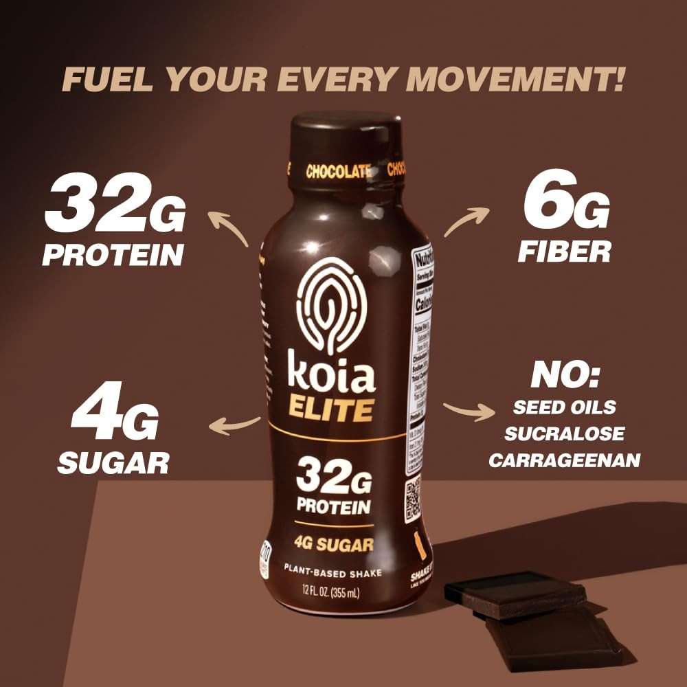Koia Elite Plant Based Protein Shake, Chocolate, 32g Protein, 4g Sugar, 6g Prebiotic Fiber, Pre & Post Workout Nutritional Drink, No Seed Oils, Dairy-Free, Gluten-Free, Non-GMO, 12 Fl Oz (Pack of 12) - Image 3