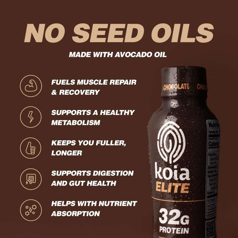 Koia Elite Plant Based Protein Shake, Chocolate, 32g Protein, 4g Sugar, 6g Prebiotic Fiber, Pre & Post Workout Nutritional Drink, No Seed Oils, Dairy-Free, Gluten-Free, Non-GMO, 12 Fl Oz (Pack of 12) - Image 4