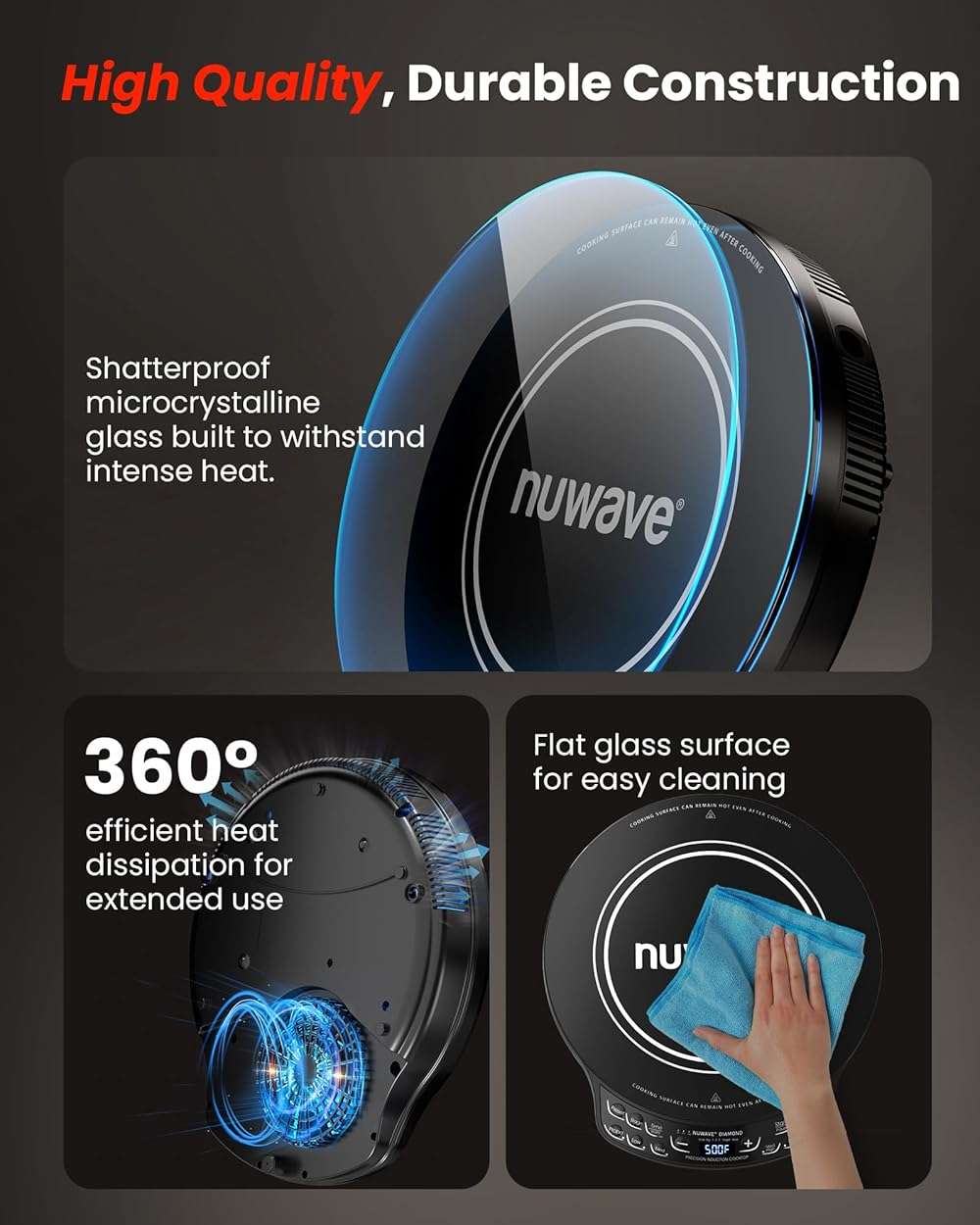 Nuwave Portable Induction Cooktop Diamond with Probe, Advanced Countertop Burner, 91 Temps from 100°F to 500°F, 12”Shatter-Proof Ceramic Glass & 6.5”Heating Coil, Ideal for RV Camp,Small Apt,Travel - Image 8