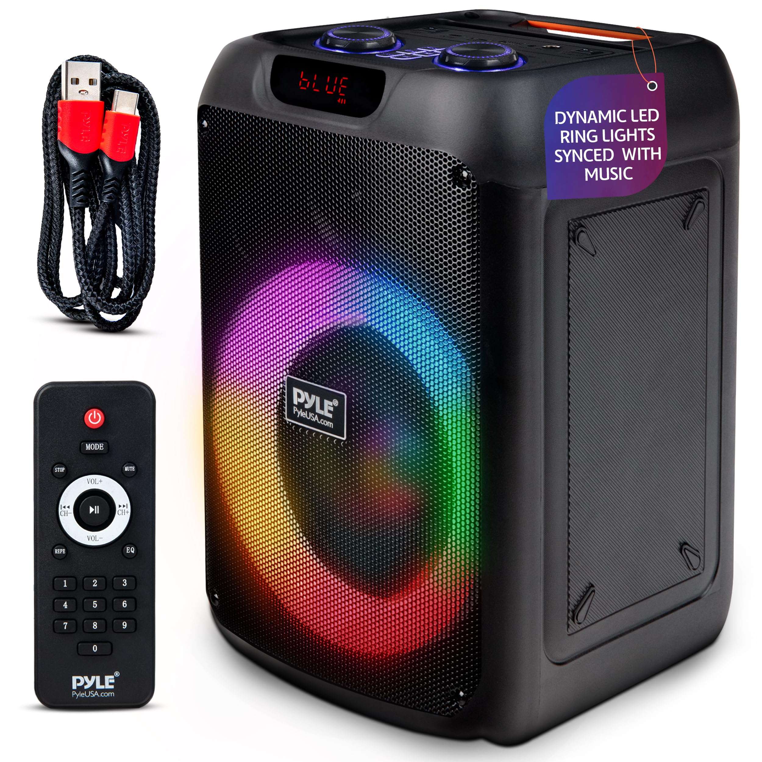 Pyle Portable Bluetooth Party Speaker with 8" Inch Woofer, TWS Function, 100W Rechargeable Battery, Mic Input, Echo, Bass & Treble Control, USB/SD/BT/FM Radio, LED Ring Lights, for Indoor/Outdoor Use - Image 1