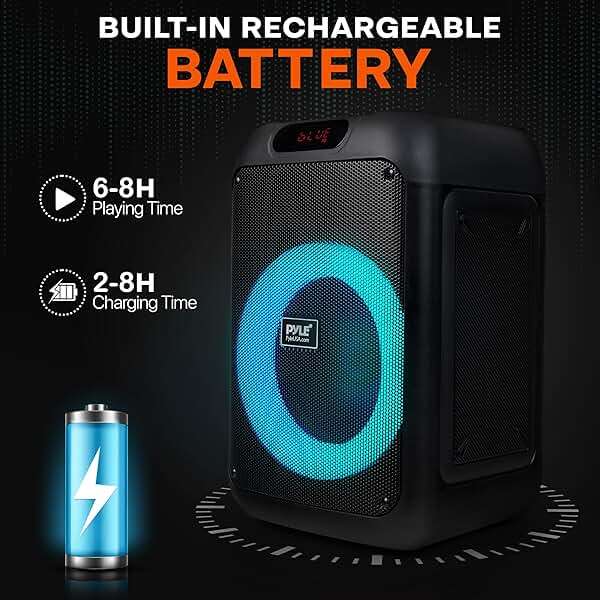 Pyle Portable Bluetooth Party Speaker with 8" Inch Woofer, TWS Function, 100W Rechargeable Battery, Mic Input, Echo, Bass & Treble Control, USB/SD/BT/FM Radio, LED Ring Lights, for Indoor/Outdoor Use - Image 2