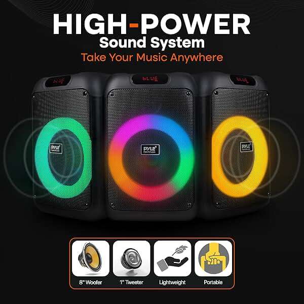 Pyle Portable Bluetooth Party Speaker with 8" Inch Woofer, TWS Function, 100W Rechargeable Battery, Mic Input, Echo, Bass & Treble Control, USB/SD/BT/FM Radio, LED Ring Lights, for Indoor/Outdoor Use - Image 4