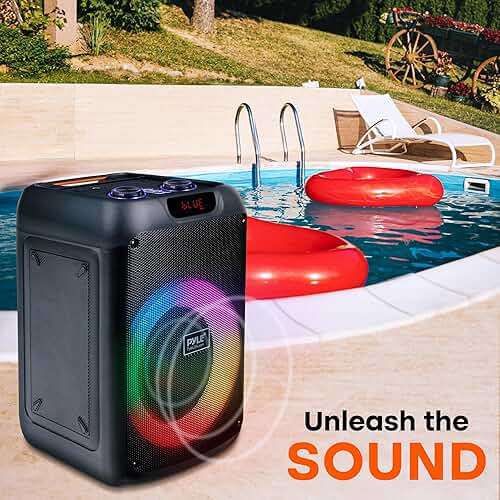 Pyle Portable Bluetooth Party Speaker with 8" Inch Woofer, TWS Function, 100W Rechargeable Battery, Mic Input, Echo, Bass & Treble Control, USB/SD/BT/FM Radio, LED Ring Lights, for Indoor/Outdoor Use - Image 7