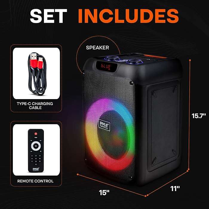 Pyle Portable Bluetooth Party Speaker with 8" Inch Woofer, TWS Function, 100W Rechargeable Battery, Mic Input, Echo, Bass & Treble Control, USB/SD/BT/FM Radio, LED Ring Lights, for Indoor/Outdoor Use - Image 8