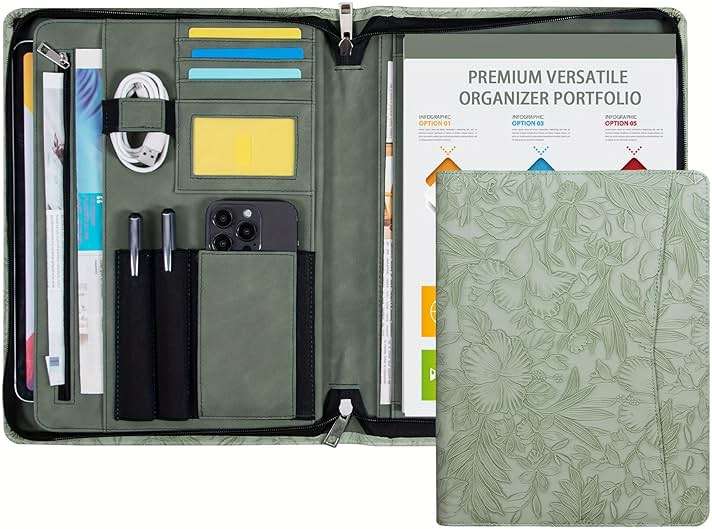 Embossed Vegan Leather Portfolio for Women,Professional Organize Padfolio with A4 Notepad Holder,Professional Business Document Organizer for Women (Light Green) - Image 1