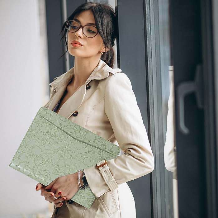 Embossed Vegan Leather Portfolio for Women,Professional Organize Padfolio with A4 Notepad Holder,Professional Business Document Organizer for Women (Light Green) - Image 2