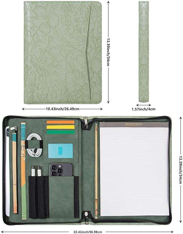 Embossed Vegan Leather Portfolio for Women,Professional Organize Padfolio with A4 Notepad Holder,Professional Business Document Organizer for Women (Light Green) - Image 3