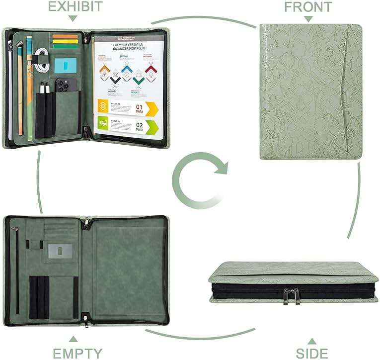 Embossed Vegan Leather Portfolio for Women,Professional Organize Padfolio with A4 Notepad Holder,Professional Business Document Organizer for Women (Light Green) - Image 6