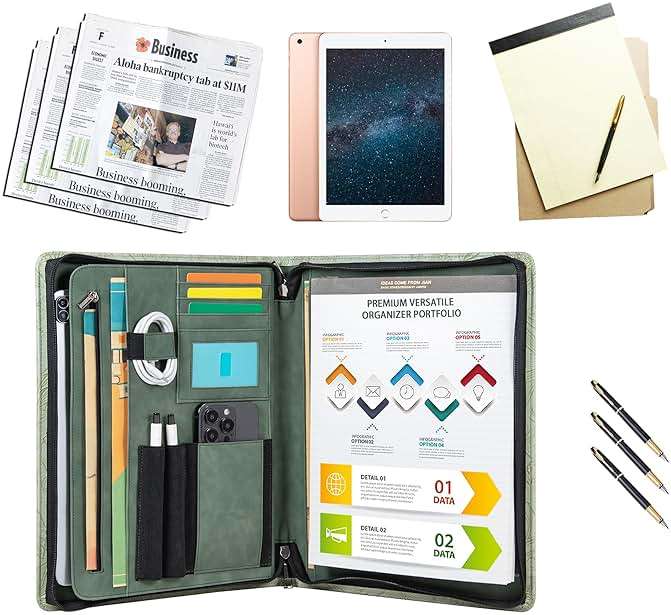 Embossed Vegan Leather Portfolio for Women,Professional Organize Padfolio with A4 Notepad Holder,Professional Business Document Organizer for Women (Light Green) - Image 7