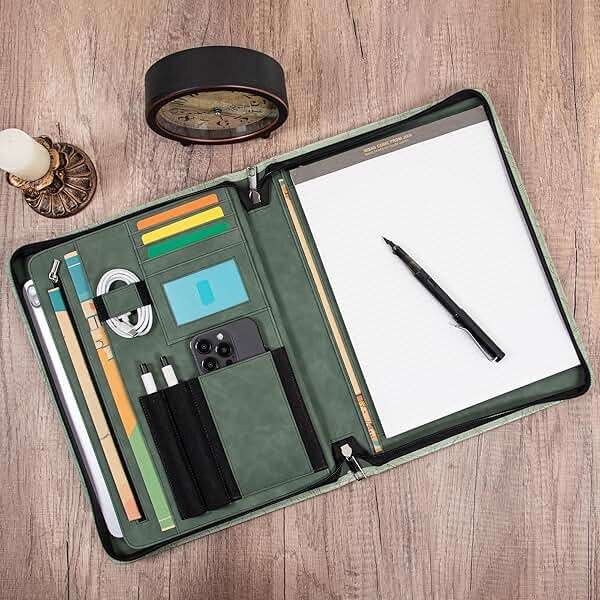 Embossed Vegan Leather Portfolio for Women,Professional Organize Padfolio with A4 Notepad Holder,Professional Business Document Organizer for Women (Light Green) - Image 9