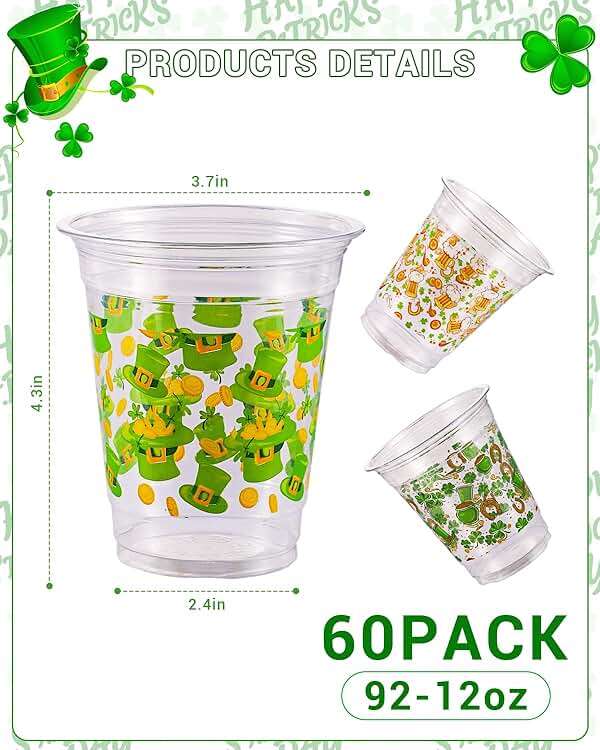 60 Pcs St Patrick's Day Plastic Cups, 12oz St. Patrick's Day Party Cups, St. Patrick Disposable Clear Plastic Cups, Irish Themed Plastic Cups with Lucky Shamrock Design for Beer Beverage Drinkware - Image 3
