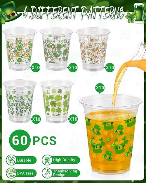 60 Pcs St Patrick's Day Plastic Cups, 12oz St. Patrick's Day Party Cups, St. Patrick Disposable Clear Plastic Cups, Irish Themed Plastic Cups with Lucky Shamrock Design for Beer Beverage Drinkware - Image 4