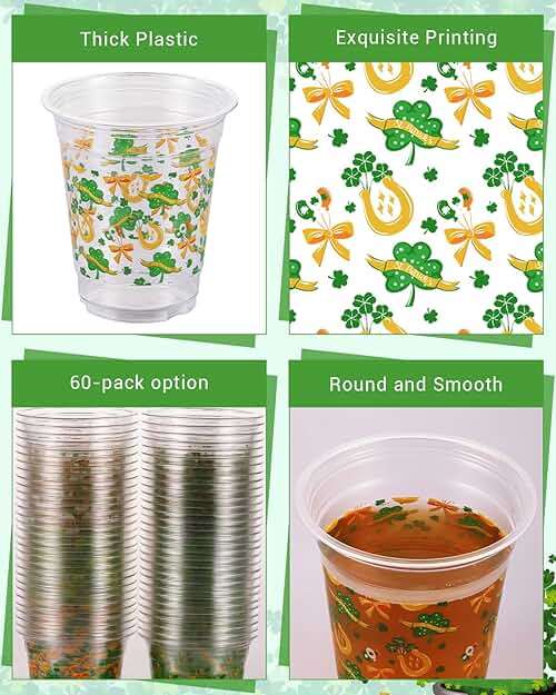 60 Pcs St Patrick's Day Plastic Cups, 12oz St. Patrick's Day Party Cups, St. Patrick Disposable Clear Plastic Cups, Irish Themed Plastic Cups with Lucky Shamrock Design for Beer Beverage Drinkware - Image 6