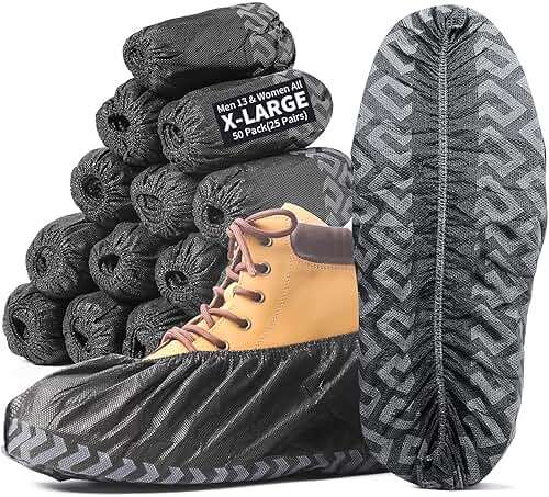 X-Large 50 Pack Shoe Covers Disposable Non-Slip, Black Non-Woven Fabric Boot Covers, Stretchable Fits Up to Size 13 US Men (Black, 50 Pack) - Image 1