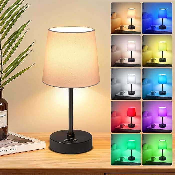 Wowag Cordless Table Lamp,5000mAh Rechargeable Battery Operated Desk Lamp,3Colors & 7 RGB Stepless Dimmable, Portable Small Touch Fabric Shade LED Night Light for Patio Restaurant Home(White) - Image 1