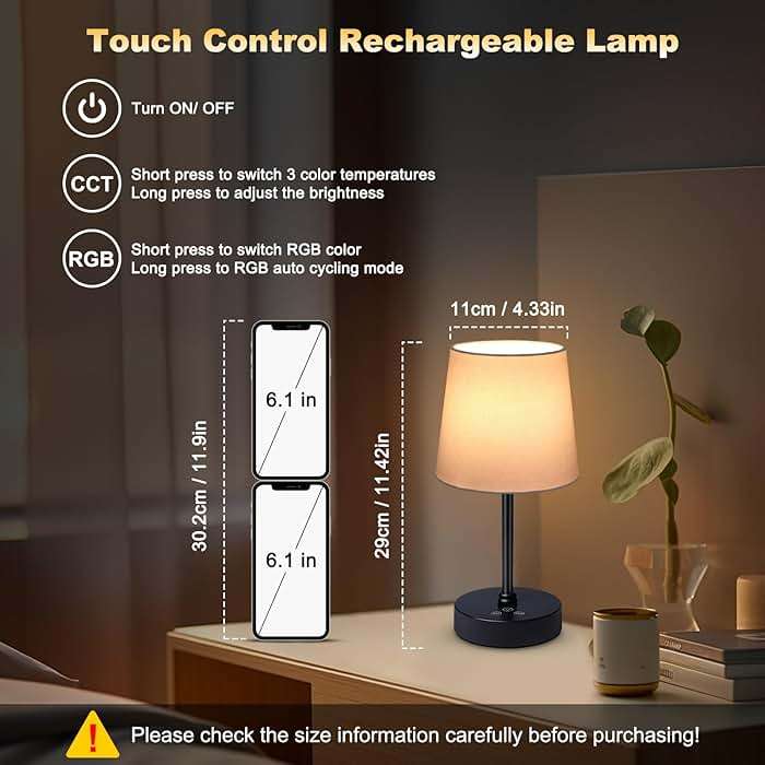 Wowag Cordless Table Lamp,5000mAh Rechargeable Battery Operated Desk Lamp,3Colors & 7 RGB Stepless Dimmable, Portable Small Touch Fabric Shade LED Night Light for Patio Restaurant Home(White) - Image 2