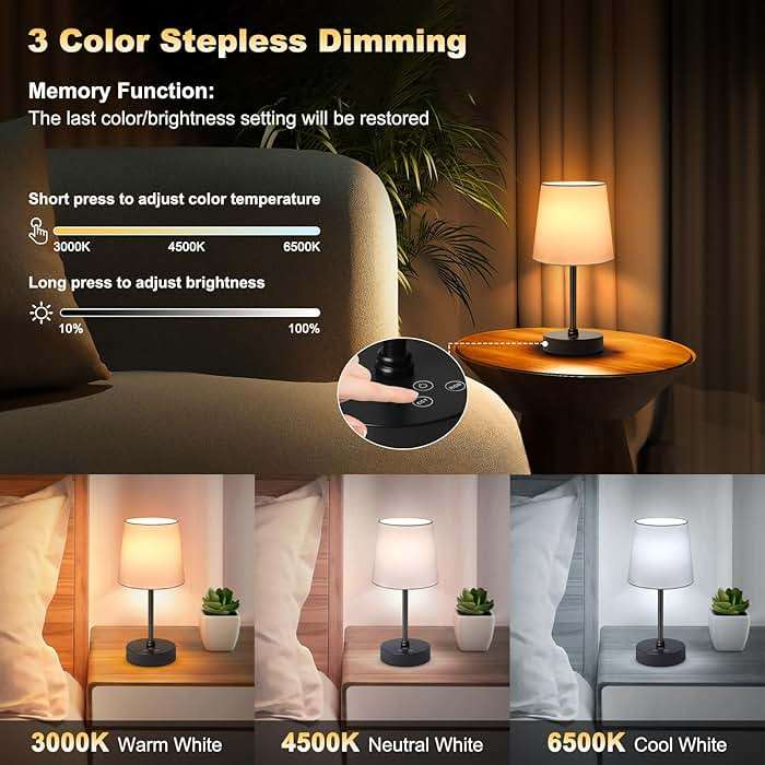 Wowag Cordless Table Lamp,5000mAh Rechargeable Battery Operated Desk Lamp,3Colors & 7 RGB Stepless Dimmable, Portable Small Touch Fabric Shade LED Night Light for Patio Restaurant Home(White) - Image 3