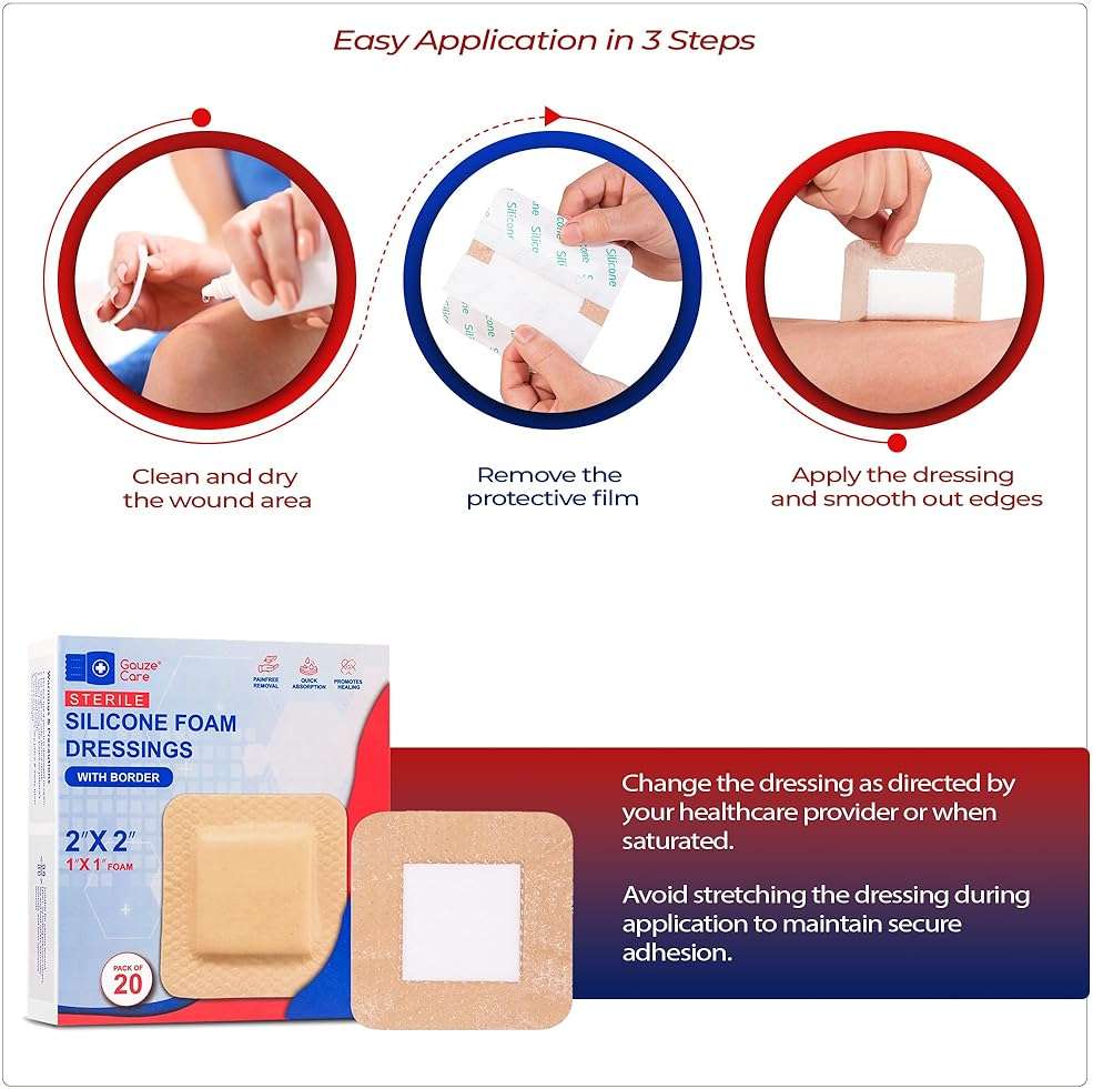 GauzeCare Silicone Foam Dressing 2x2 (Pack of 20) – Waterproof Wound Bandages with Adhesive Border, Self-Adhesive and Highly Absorbent Silicone Bandages for Effective Wound Care - Image 4