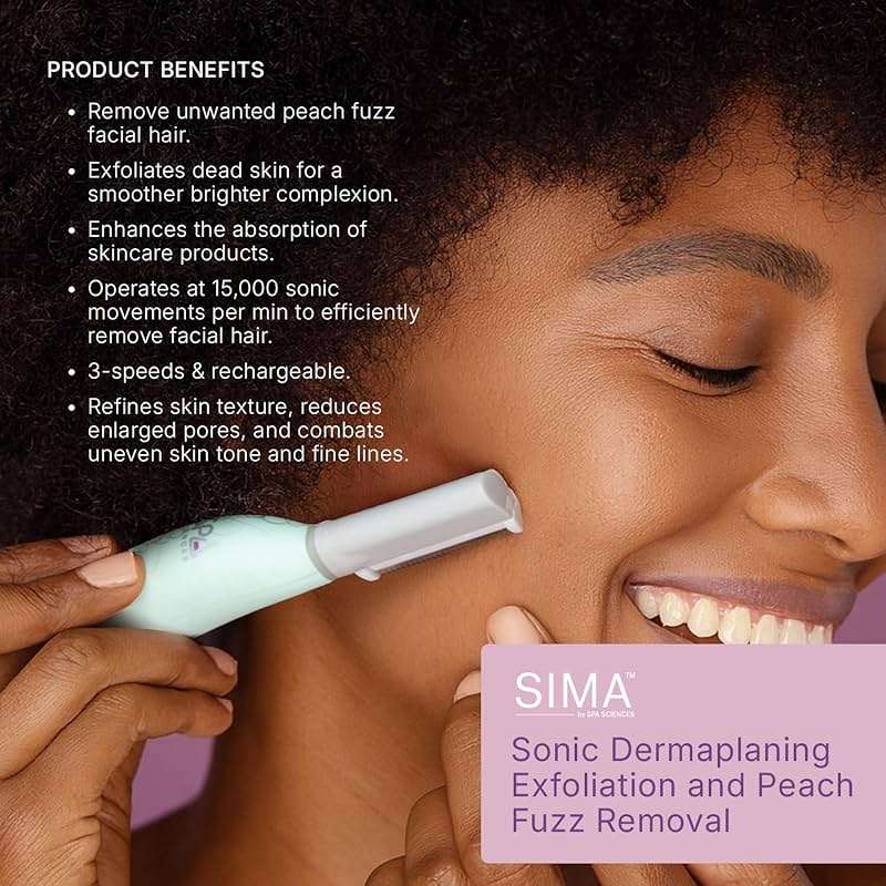 SPA SCIENCES - SIMA Patented Dermaplane Razor for Women Face – Painless 2-in-1 Facial Exfoliation & Peach Fuzz Hair Removal – Anti-Aging – 3 Speeds – Rechargeable – 19 Weeks Treatment - Image 7