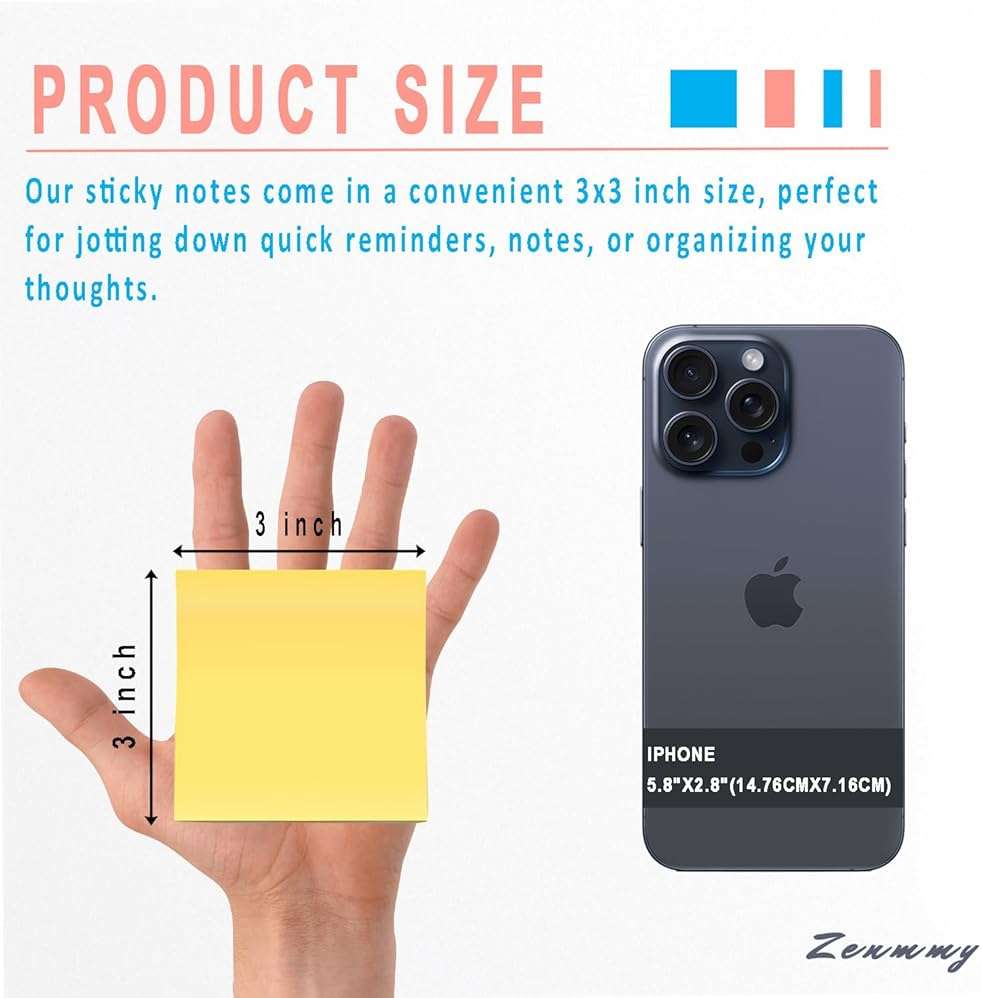 Zenmmy Sticky Notes 3x3 Inches, Self-Stick 48 Pads Bulk, 8 Bright Colors, Colorful Self-Adhesive Notes Pads for Home, School, Office, Notebook, 75 Sheets/Pad - Image 3