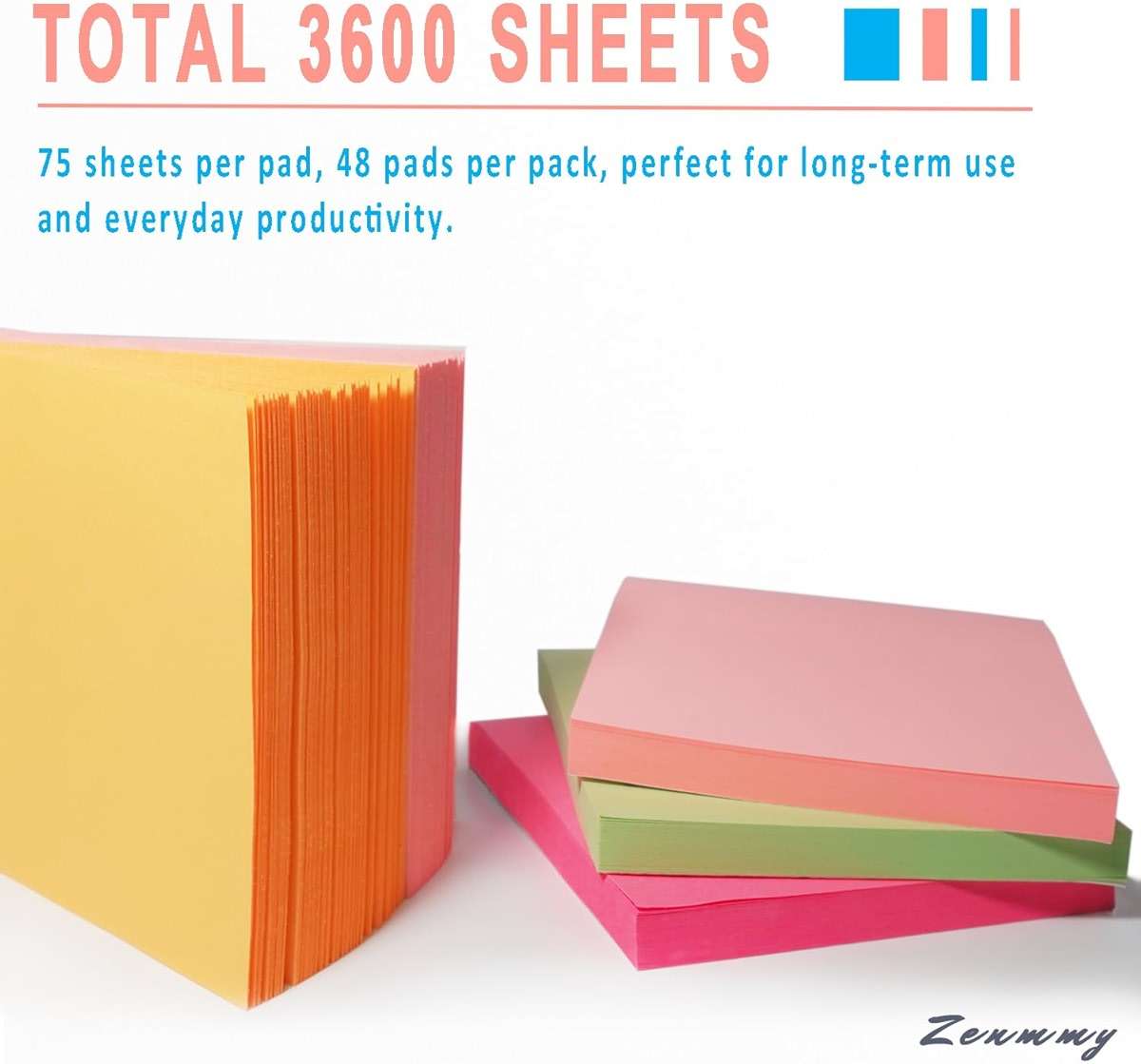 Zenmmy Sticky Notes 3x3 Inches, Self-Stick 48 Pads Bulk, 8 Bright Colors, Colorful Self-Adhesive Notes Pads for Home, School, Office, Notebook, 75 Sheets/Pad - Image 4